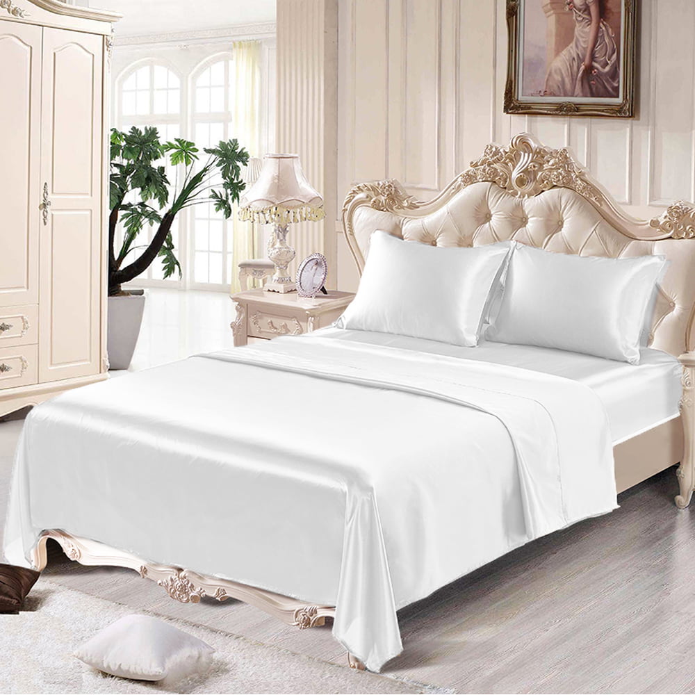 ANMINY Satin Silk Sheet Set Deep Pocket Bed Flat Fitted Sheet, Full, White, 4Pieces Walmart