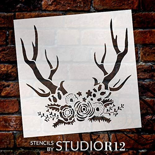 Antler & Flowers Boho Stencil by StudioR12 DIY Rustic Rose Deer Hunting