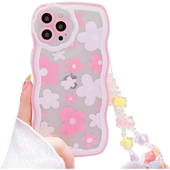 Compatible with iPhone 14 Pro case Cute Transparent Flower Pattern Mobile Phone case, Flower with Wrist Strap Design, Soft TPU Shock Protection, Suitable for Women and Teenage Girls.