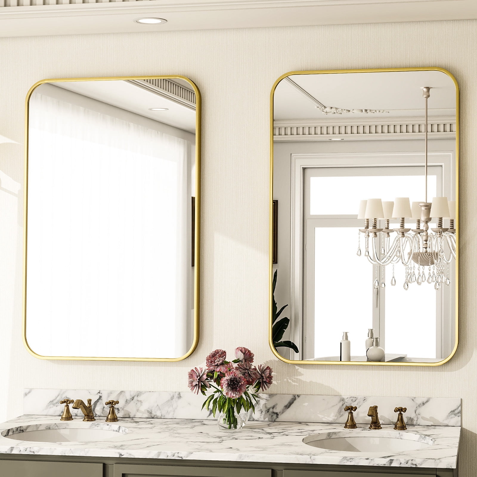 Lumora 36"x24" Rectangular Bathroom Mirror with Round Edge Wall Mounted Wall Mirror, Gold
