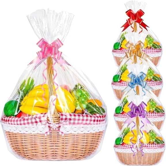 VANNYVANYA 10 pack Clear Large Cellophane Bags with Bows Ribbon, 30x40 inches, for Gift Baskets and Holiday Gift Wrapping