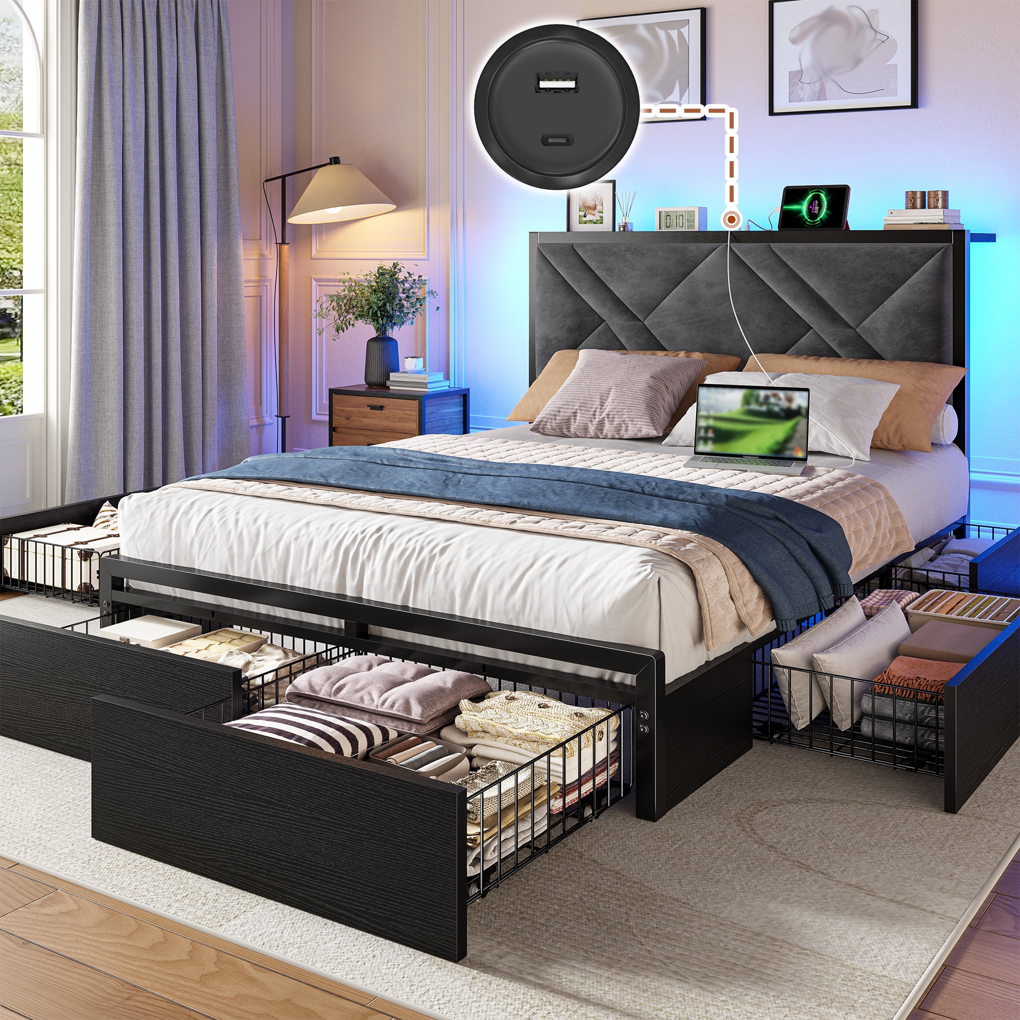 EnHomee Full Size Bed Frame with 6 Drawers Full Bed Frame with Storage Upholstered Platform Bed Frame with LED lights & Charging Station, No Box Spring Needed, Black