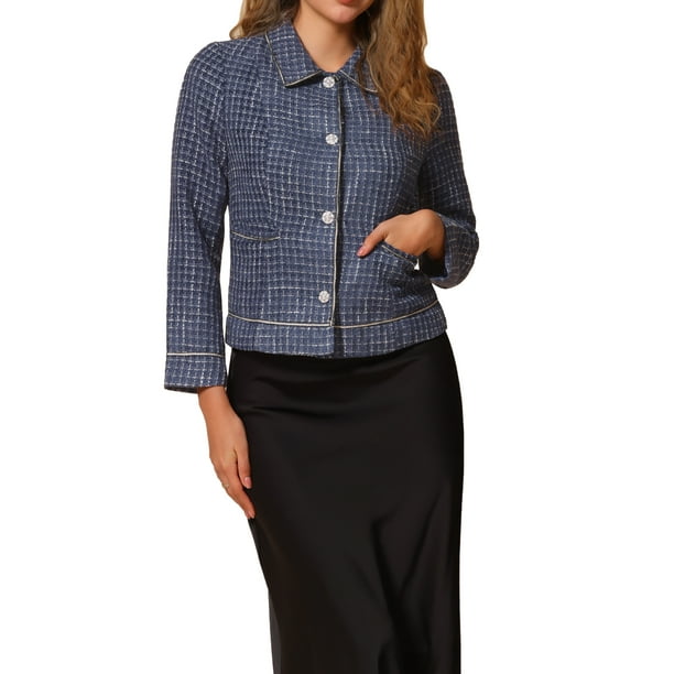 Chaquetas de cuello INSPIRE CHIC para mujer, de manga larga, con botones de perla y bolsillos, abrigos con ribete en contraste, talla XL, azul marino