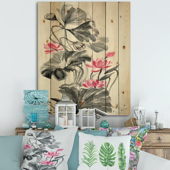 Designart 'Pink Vintage Lotus Flower and Monochrome Leaves' Traditional Print on Natural Pine Wood