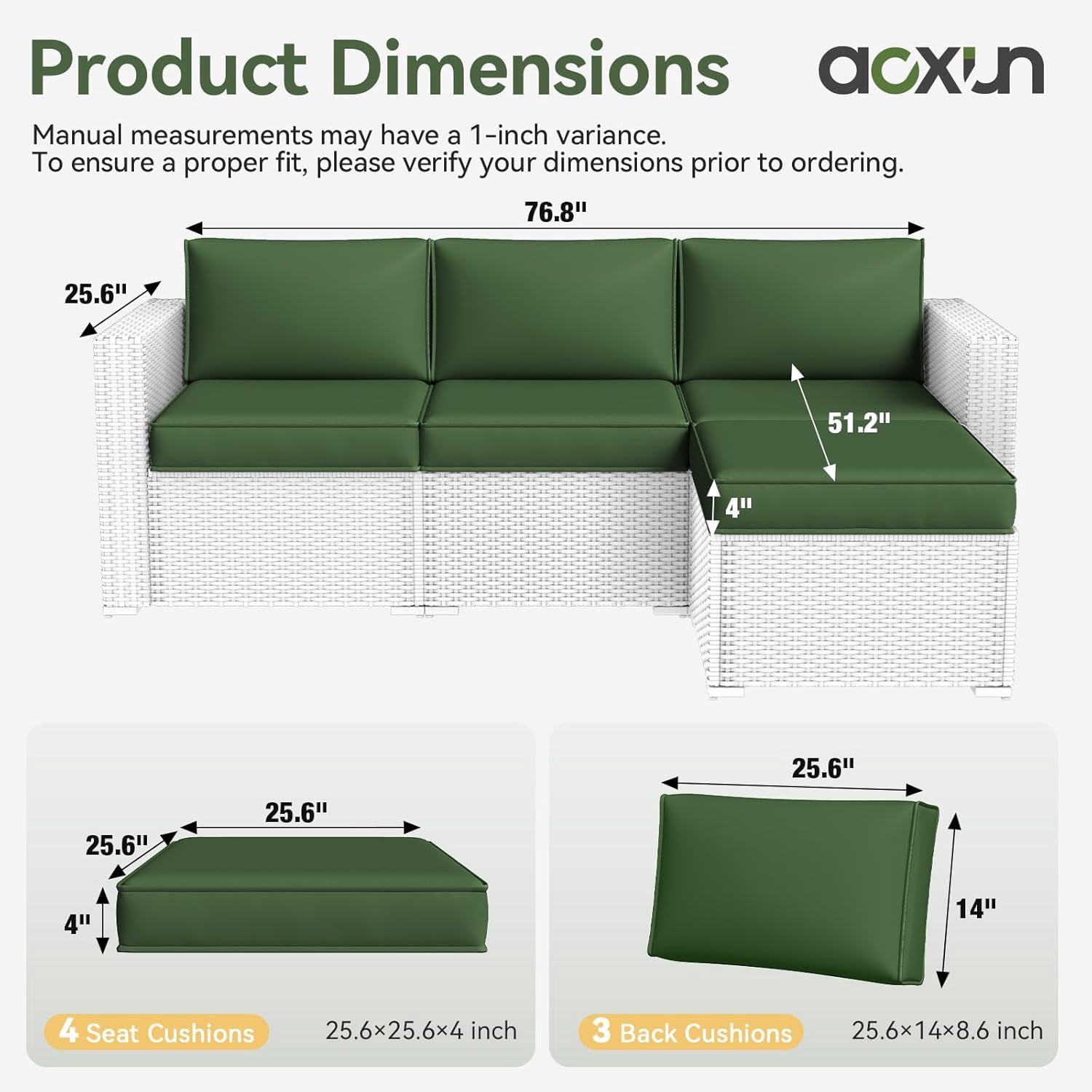 Aoxun Patio Furniture Cushions for Outdoor Furniture Set of 4, Thick Replacement Patio Couch Cushions for Outdoor Furniture, 7-Piece Splashproof Fade Resistant Outdoor Couch Cushions, Green