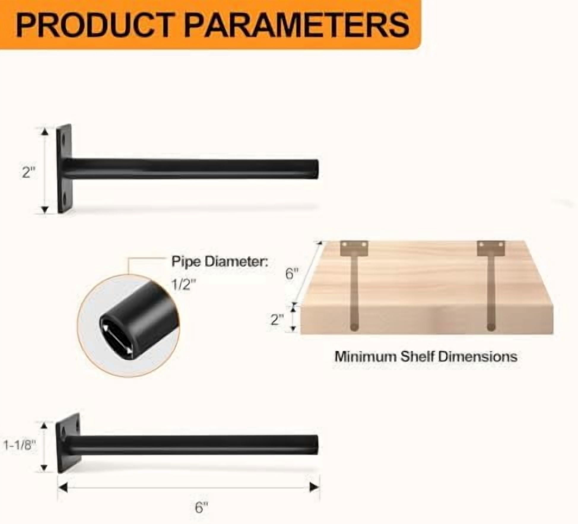 12 Pcs 6" Black Steel Floating Shelf Bracket Blind Shelf Supports - Hidden Brackets for Floating Wood Shelves - Concealed Blind Shelf Support – Screws and Wall Plugs Included