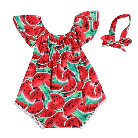 

Seyurigaoka Baby Girl Watermelon Print Ruffles Sleeveless Jumpsuit with Headband