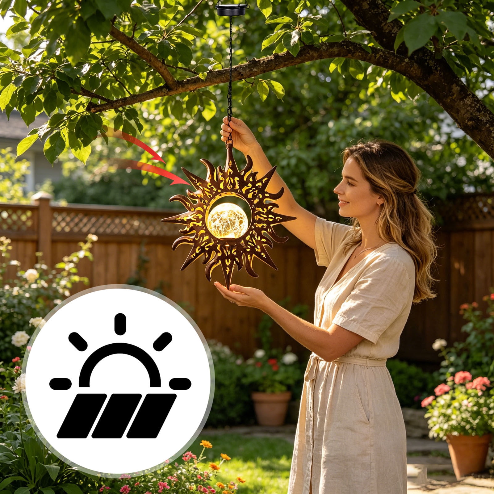 Outdoor Hanging Solar Lights, Garden Decorative Solar Chandeliers 2D Acrylic Hot Air Balloon Shape with Flickering Flame Effect for Patio Porch Wedding Terrace