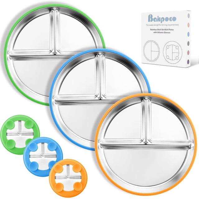 Platos con Ventosa Bakpoco de Acero Inoxidable para Niños Pequeños, Paquete de 3