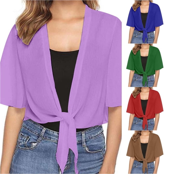 HCYSFG Womens Tie Front Cardigan Cropped Short Sleeve Sheer Open Front Loose Fit Lightweight Shrug Summer Vacation Layering Bolero