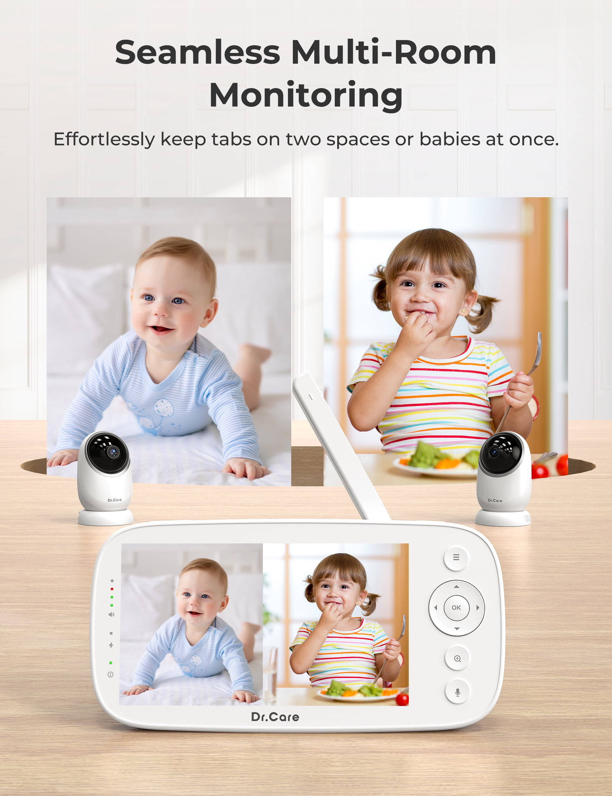 Dr.Care 5" 1080P Split-Screen Video Baby Monitor, Clear Night Vision, 5000mAh Battery, Real-Time/VOX, 2X/4X Zoom, 2-Way Audio, No WiFi Baby Camera