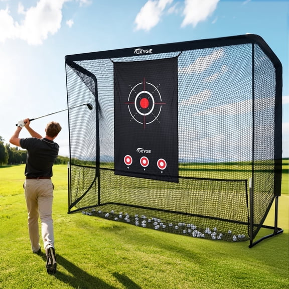 OXYGIE 10x7.5FT Golf Practice Hitting Net for Backyard Driving with Heavy Duty Frame Target Cloth Personal Driving Range for Indoor or Outdoor