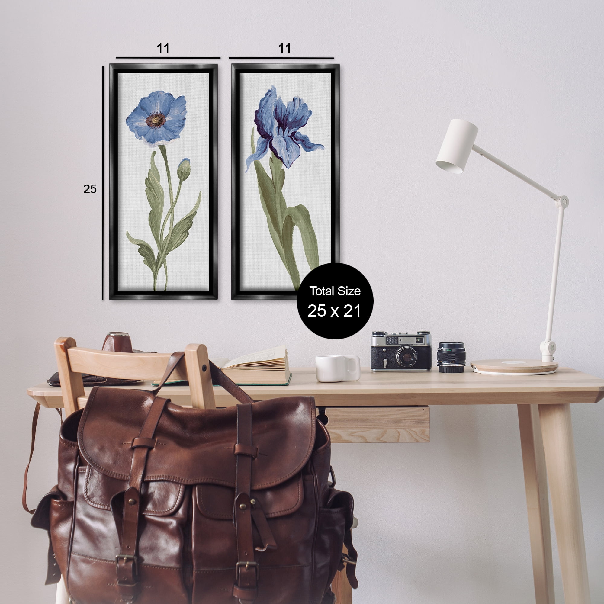 Stupell Industries Blue Poppy and Iris Flowers Plants & Flowers Painting Black Floater Framed Canvas Art Print Wall Art, 11 x 25, Set of 2