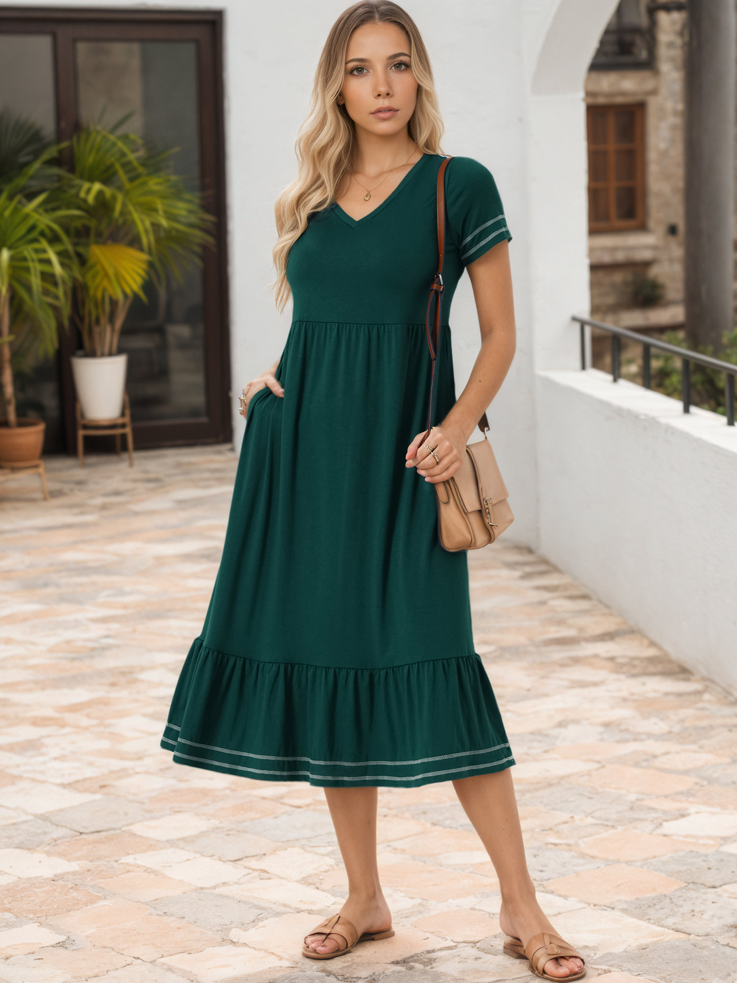 DARING DIVA Short Sleeve V Neck Contrast Trim Flowy Dress L Dark Green