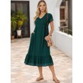 thumbnail image 2 of DARING DIVA Short Sleeve V Neck Contrast Trim Flowy Dress L Dark Green, 2 of 7