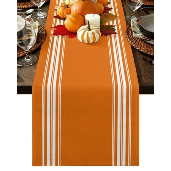Thanksgiving Table Runner 120 Inches, Fall Luxurious Orange White Striped Harvest Autumn Bed Runner Dresser Scarves Tabletop for Indoor Outdoor Parties/Ceremony/Banquet, 13"x 120"