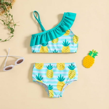 Girls  Swimwear Cut Out Trim Ruffle Strap Bikini Beach Bathing Suit for Girls Floral Toddler Kids Swimsuit Mint Green 5-6 Years