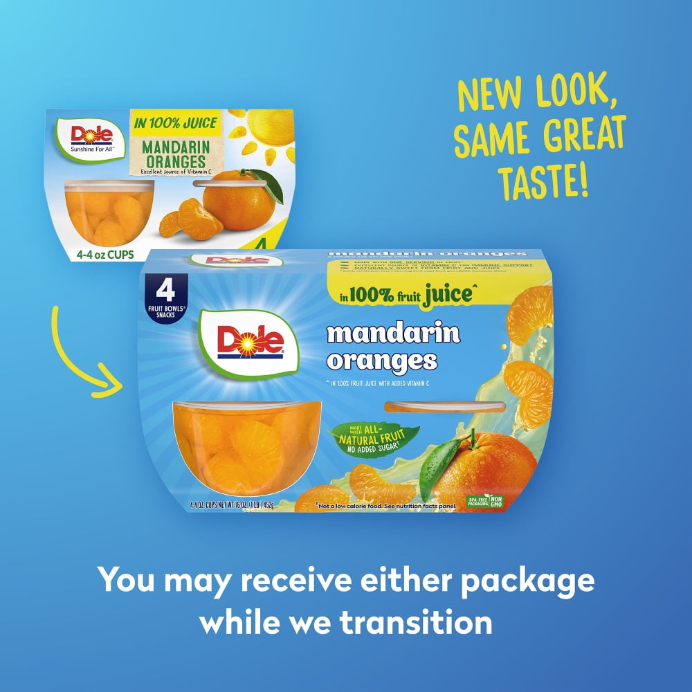 Dole Fruit Bowls Mandarin Oranges In 100% Fruit Juice Cups 4 ct / 4 oz - 3 Pack