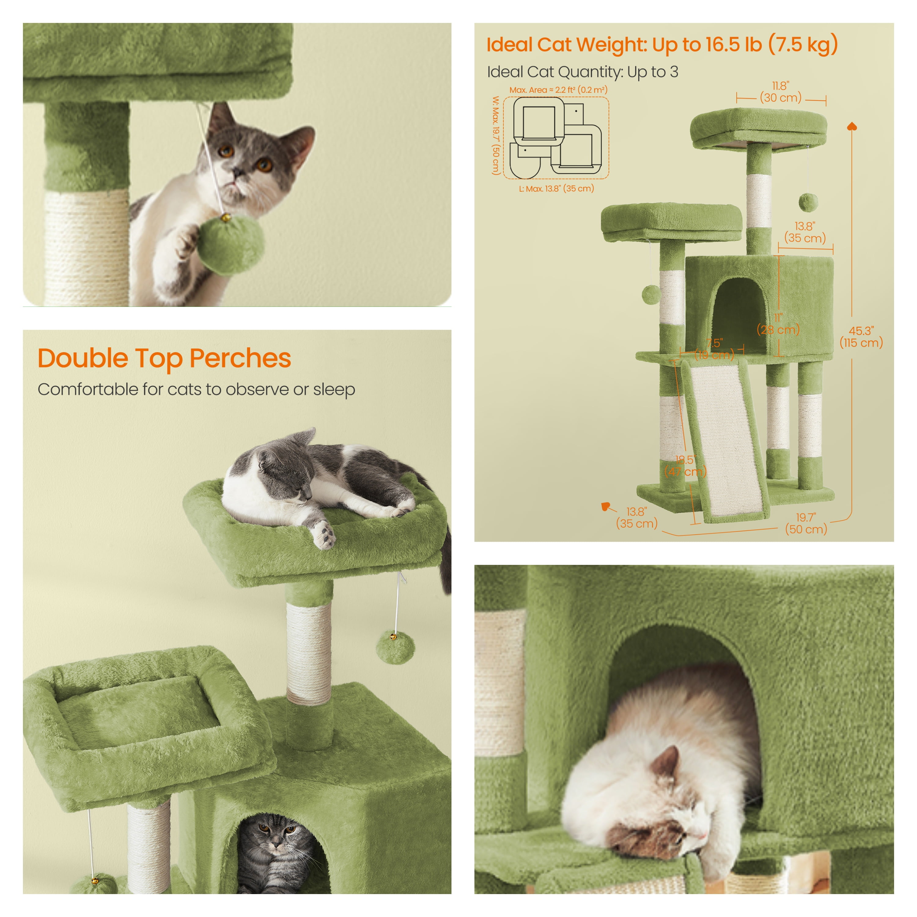 LEDREM Cat Tower, 45.3-Inch Indoor Cat Tree with Scratching Ramp, Perches, Spacious Cat Cave, Multi-Level Condo for Kittens, Adult Cats, Grass Green