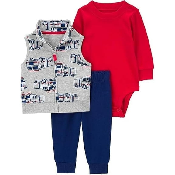 Carter's Baby Boys' 3 Piece Plaid Patch Little Vest Set (Firetruck Firetruck Heather/Navy/Red, 3 Months)