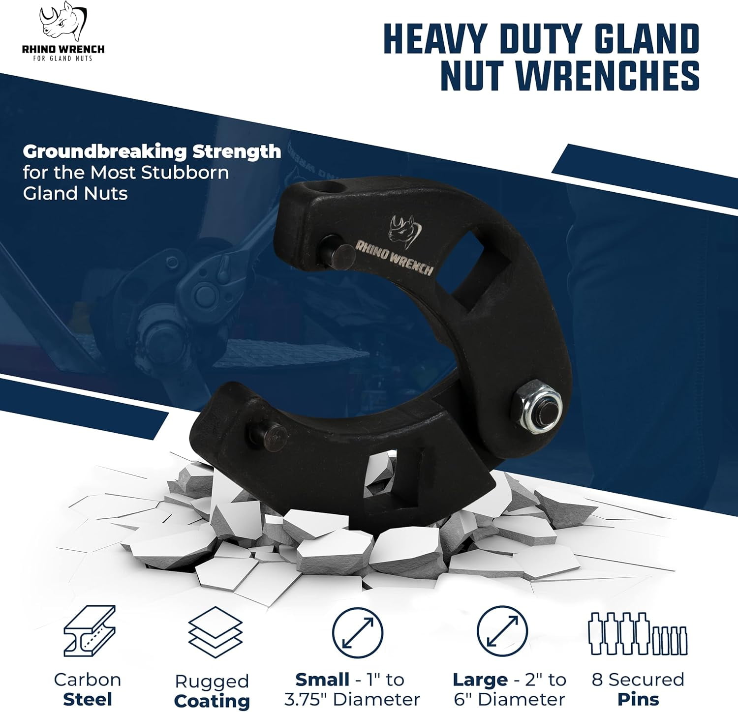 Rhino Gland Nut Wrench Set, 2-Piece Adjustable Hydraulic Cylinder Spanner Wrench Kit w/ Gloves, Microfiber Towel, Pins & Allen Wrenches