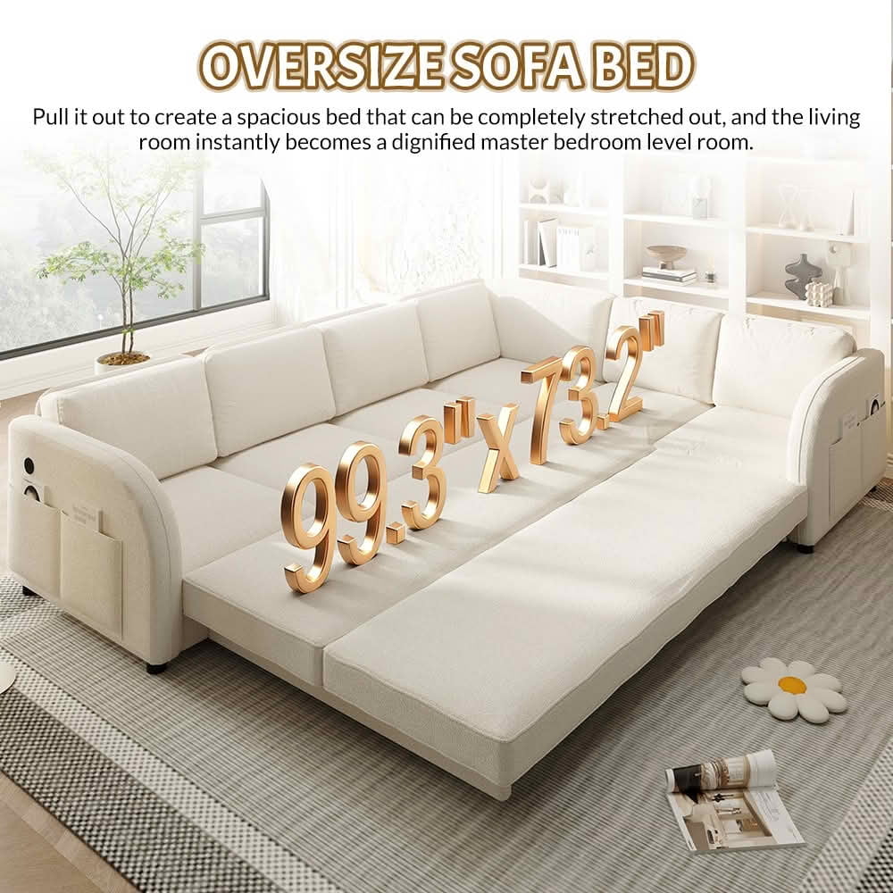 MAYEERTY 115.2" L‑Shaped Convertible Sleeper Sofa, Sherpa Fleece Sectional Couch with Pull‑Out Bed, Side Pocket & USB Port, Reversible Left/Right Chaise