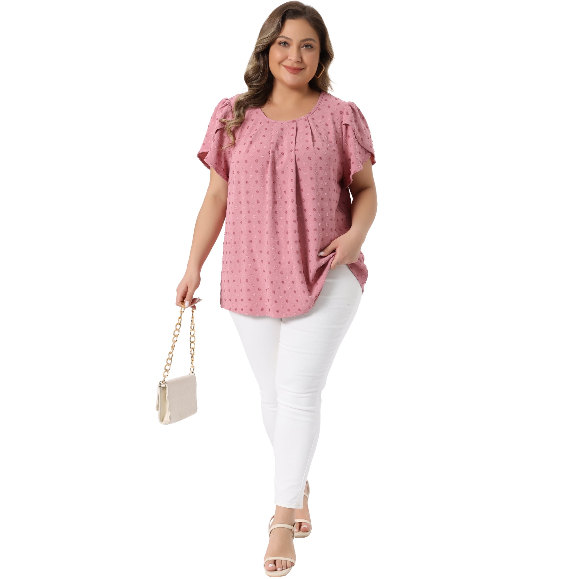 DARING DIVA Women's Plus Swiss Dot Crew Neck Tulip Top 3X Pink