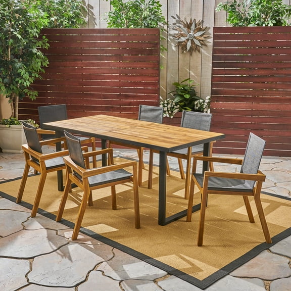 Elisa Outdoor Acacia Wood Dining Set with Mesh Seats, Teak, Black