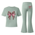thumbnail image 4 of SonxaHe Big Girls Outfits Valentine's Day Bow Graphic Short Sleeve Tshirt Flared Pants Stylish Comfy Outfit Set for Kids Green,Size 12-13, 4 of 4