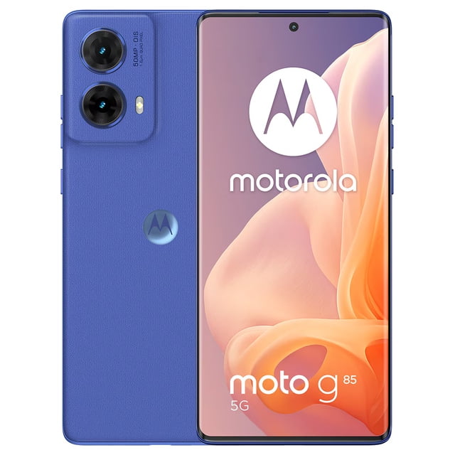 smartphones motorola moto g85 5g dual sim 8gb ram 256gb azul vista frontal y trasera; teléfono azul con pantalla curva pOLED de 6.67" FullHD+ 120 Hz y cámara frontal perforada, parte trasera texturizada con módulo dual (50 MP OIS + 8 MP), sensor de huellas en pantalla, logo Motorola y botones laterales. Pensado para multimedia y redes 5G con batería 5,000 mAh y carga TurboPower 30W; su almacenamiento de 256 GB lo hace adecuado para guardar fotos y videos localmente.