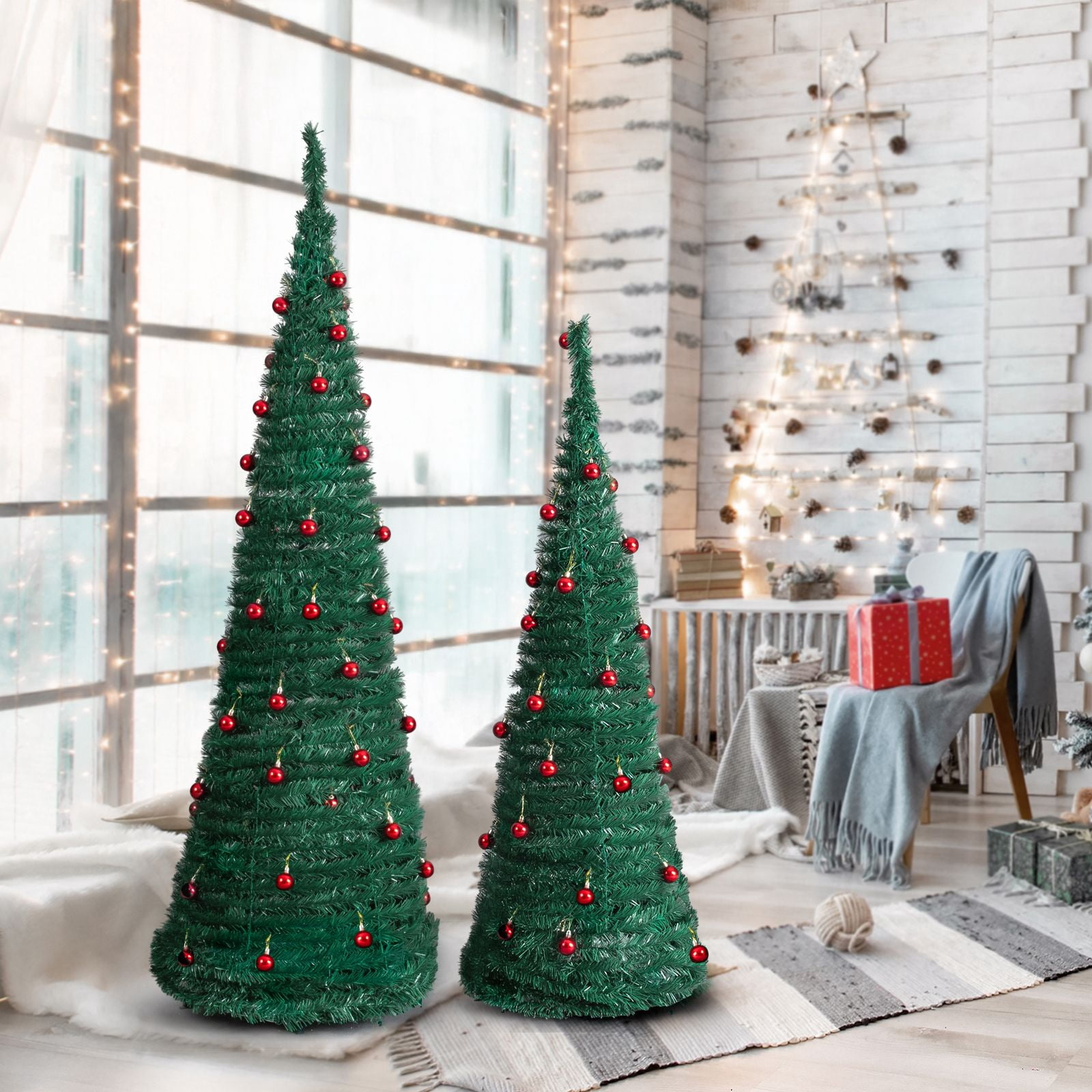 2 Pack Artificial Pop Up Christmas Tree with Red Ball Ornaments for for Home Office Store Holiday Deco, 6FT 5FT Green