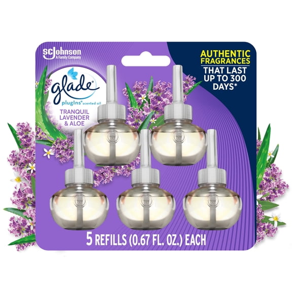 Glade PlugIns Refill 5 Count, Tranquil Lavender & Aloe, 3.35 FL. oz. Total, Scented Oil Air Freshener Infused with Essential Oils