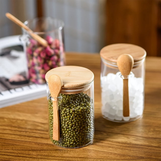 Hot Sale! Dusknt Glass Storage Jars, a Set of Glass Jars with Airtight Lids and Spoons Thick Glass Food Storage Container Decorated Overnight Oatmeal Container with Lid Coffee/Tea/Sugar/Spices Bath Sa
