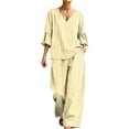 thumbnail image 2 of Mifsaly 2 Piece Lounge Set Women Casual V Neck Tops and Flowy Wide Leg Palazzo Pants Comfortable Outdoor Casual Vacation Matching Outfits with Pockets Yellow,S, 2 of 7