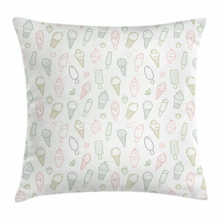 Ice Cream Throw Pillow Cushion Cover, Different Types of Ice Cream Pastel Color Kids Design Pattern Retro Outlines, Decorative Square Accent Pillow Case, 18 X 18 Inches, Multicolor, by Ambesonne