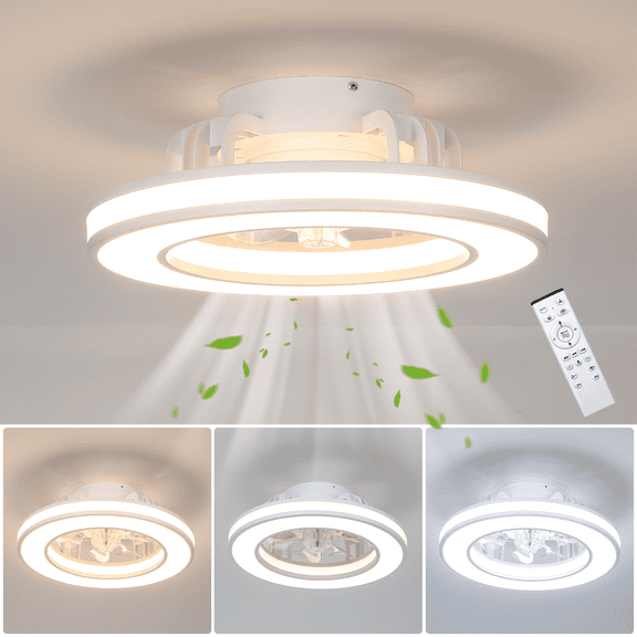 16 Inch Small Ceiling Fans With LED Lights And Remote,Multi-Color,25W DC Quiet Motor,Reversible,6 Speeds,Low Profile, 3 Colors,Compact,Bladeless,Flush Mount Ceiling Fixture