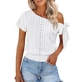 thumbnail image 2 of Lenpel Women's off One Shoulder Crop Tops Short Sleeve Tie Side Cinch Bottom Eyelet Embroidered T-Shirts Dressy Casual Tee Blouses, 2 of 7