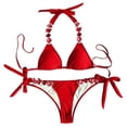 thumbnail image 4 of Wuxian 2 Piece Bikini Set For Women Swimsuit Halter Neck Spaghetti Strap Deep V-Neck Backless Lace Up Rhinestone Swimming Bandeau Solid Color Triangle Tie Stylish Cheeky Bathing Suit,Red,M, 4 of 9