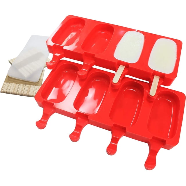 Popsicle Molds Silicone Non-Stick Ice Pop Molds Silicone Cakesicle Molds with 100 Wooden Sticks for DIY Ice Cream Cake Pops Cakesicle Set of Two (Small, Red)