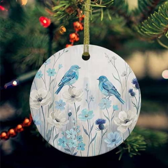 Blue Flowers Ceramic Ornaments, Spring Birds Rustic Floral Pastoral Plants Round Porcelain Hanging Ornaments with Gold String, Xmas Decorations Keepsake Gifts for Holiday Home Party 3''