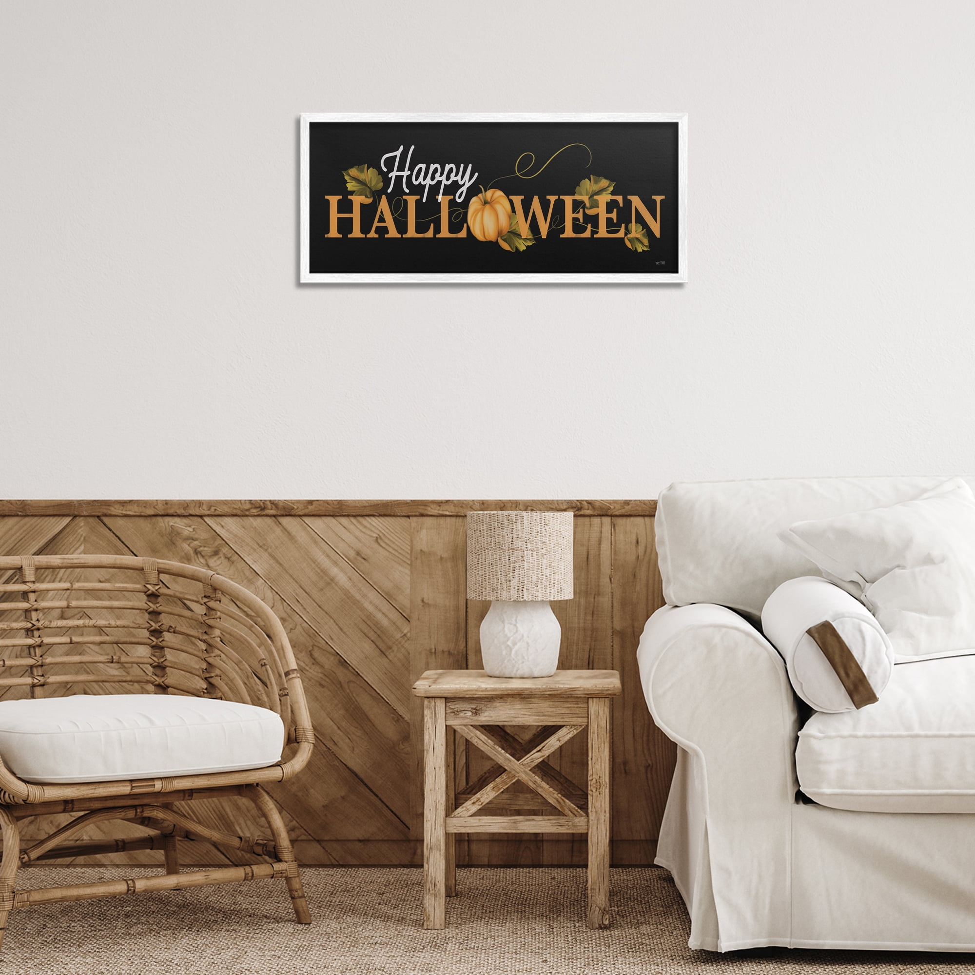 Stupell Industries Happy Halloween on Black Holiday Painting White Framed Art Print Wall Art, 24 x 10