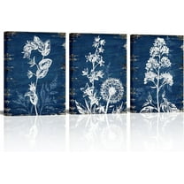 Hieng Blue and White Canvas Wall Art Botanical Flower Painting Picture Prints Rustic Farmhouse Bathroom Dark Blue Decorations Unframed