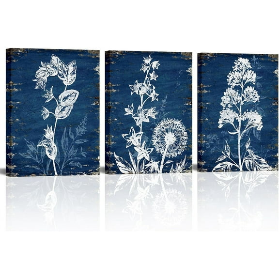 Hieng Blue and White Canvas Wall Art Botanical Flower Painting Picture Prints Rustic Farmhouse Bathroom Dark Blue Decorations Unframed