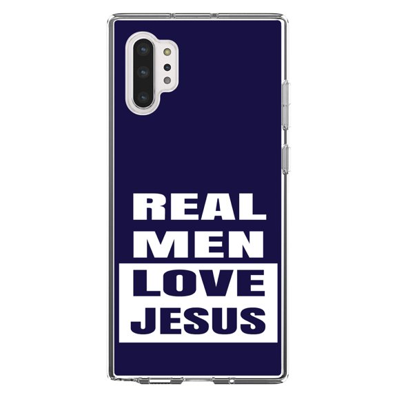 DistinctInk Clear Shockproof Hybrid Case for Galaxy Note 10 PLUS (6.8" Screen) - TPU Bumper, Acrylic Back, Tempered Glass Screen Protector - Navy Real Men Love Jesus - Christ