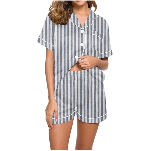 Birdeem Ensembles de Pyjama pour Femmes 2 Pcs Femmes Décontracté Col Rabattu Manches Courtes Blouse Mode Pantalon Court Ensemble de Pyjama
