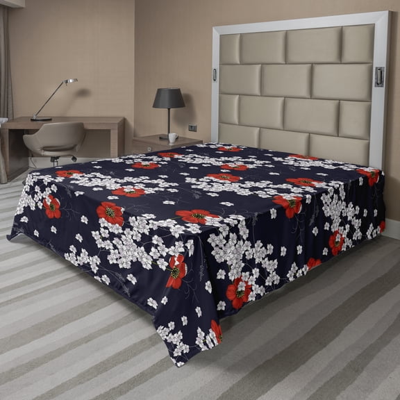 Floral Flat Sheet, Continuous Hand Drawn Chamomile Daisy Illustration Pattern, Soft Comfortable Top Sheet Decorative Bedding 1 Piece, 6 Sizes, Charcoal Grey Vermilion, by Ambesonne