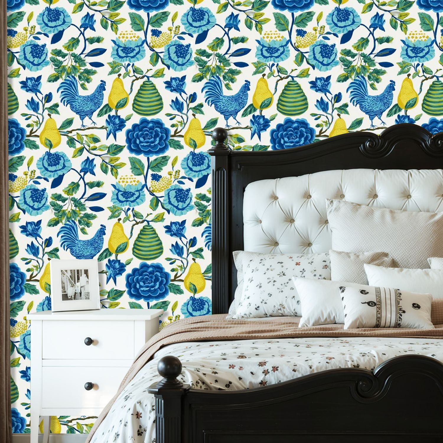 Farmhouse Peel and Stick Wallpaper 23.6in x 9.8ft Blue Yellow Floral Chicken Pears Flowers Contact Paper Vinyl Self-Adhesive Removable Wall Paper for Bedroom Kitchen Cabinet Renter Friendly