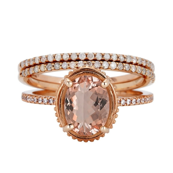2.50 Carat Halo Oval Cut Morganite And Diamond Moissanite Engagement Ring Trio Set In 10K Rose Gold
