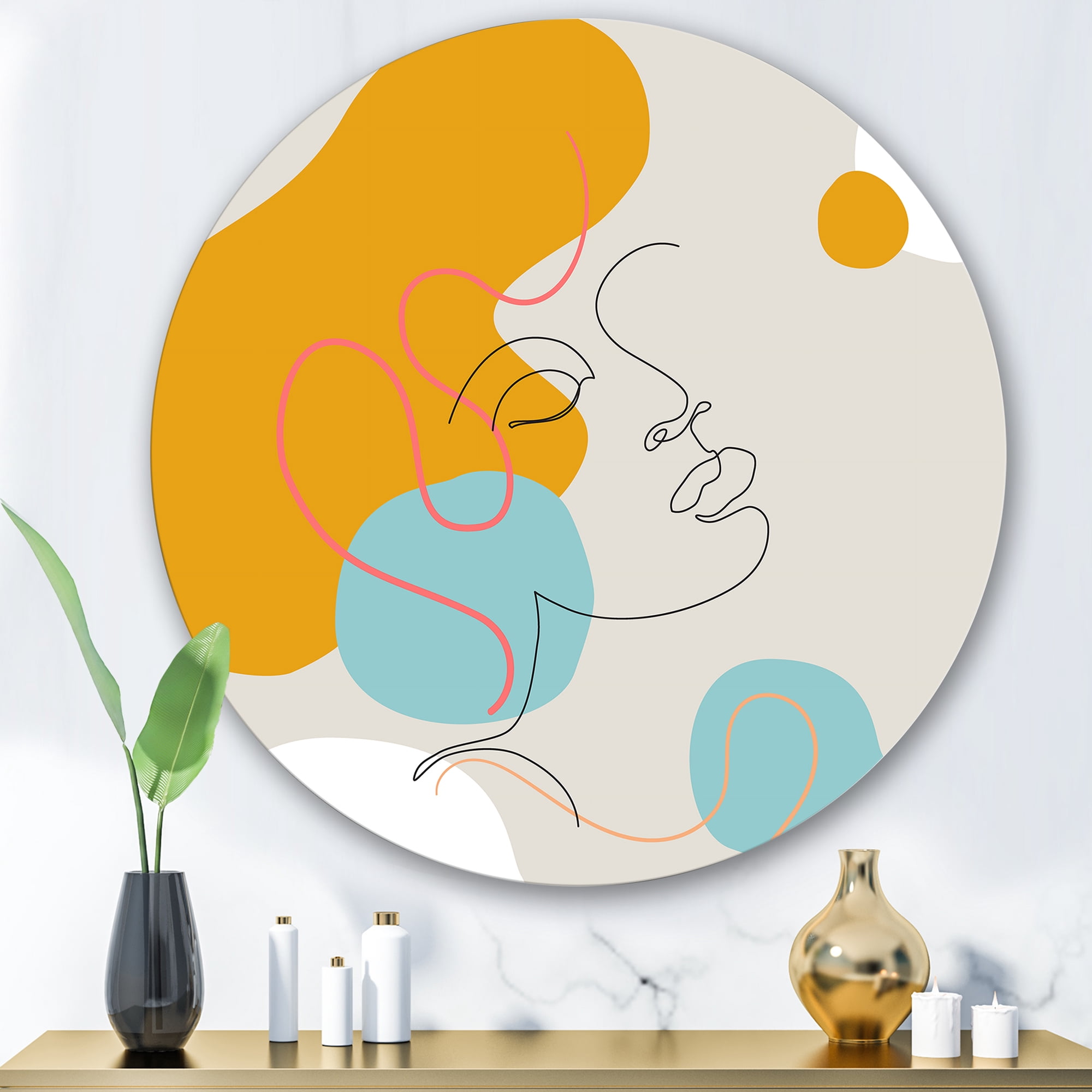 Designart 'Minimal Portrait of Female Face Drawn With One Line I' Modern Circle Metal Wall Art 29x29 - Disc of 29