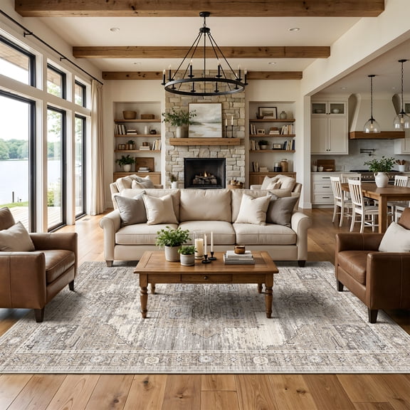 RUUGME Washable 5x7 Area Rugs - Large Rugs for Living Room Stain Resistant Carpet Vintage Rugs for Bedroom with Non Slip Backing Home Decor Floor Decoration Mat (5x7 Beige)